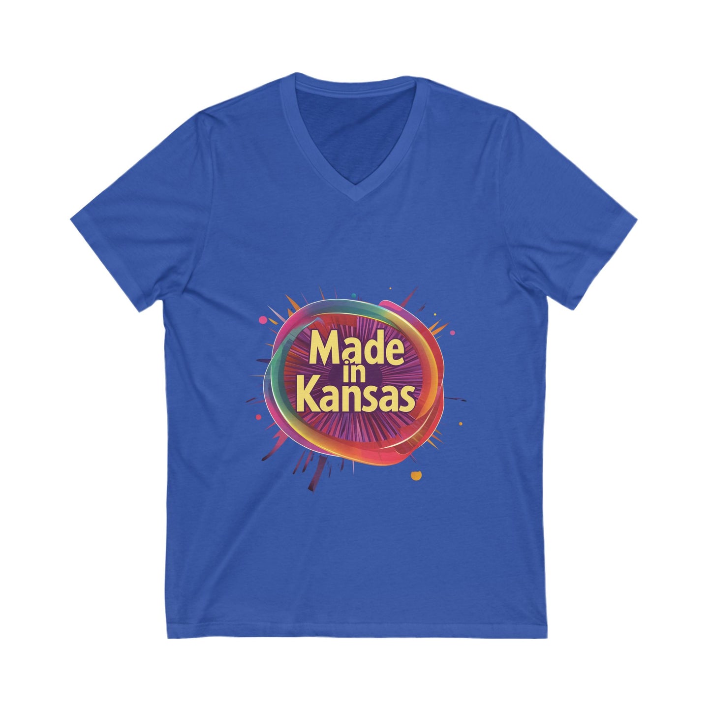 Made in Kansas Pride V-Neck T-Shirt | Retro Rainbow Circle Design | State Pride Tee