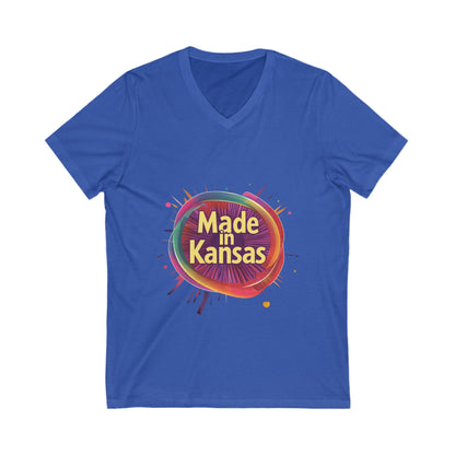 Made in Kansas Pride V-Neck T-Shirt | Retro Rainbow Circle Design | State Pride Tee
