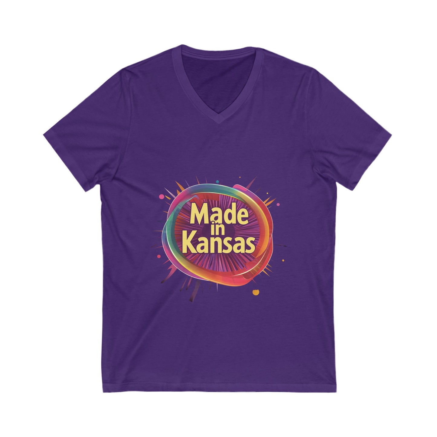 Made in Kansas Pride V-Neck T-Shirt | Retro Rainbow Circle Design | State Pride Tee