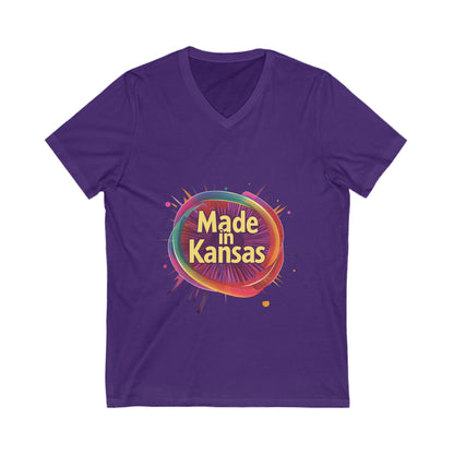 Made in Kansas Pride V-Neck T-Shirt | Retro Rainbow Circle Design | State Pride Tee