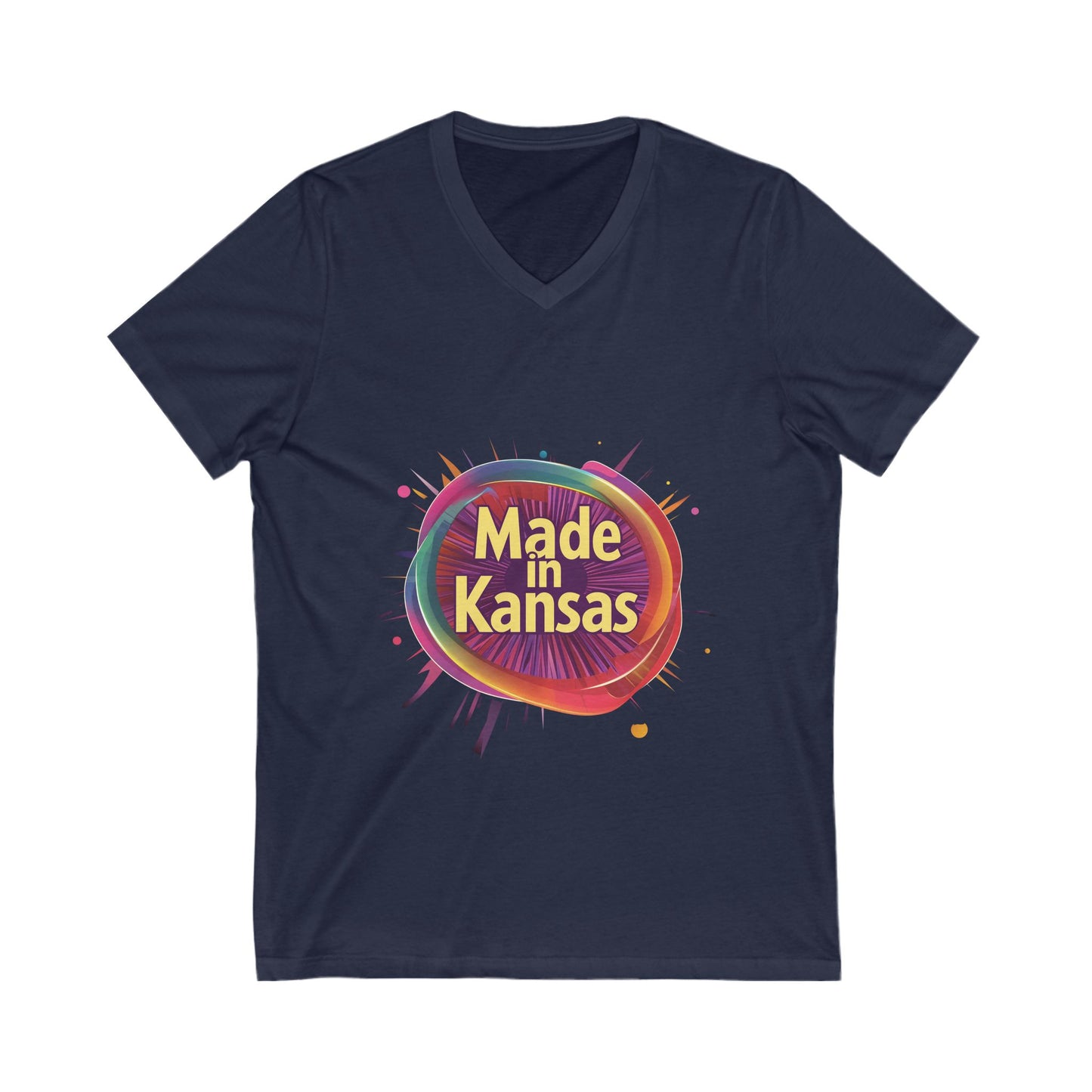 Made in Kansas Pride V-Neck T-Shirt | Retro Rainbow Circle Design | State Pride Tee