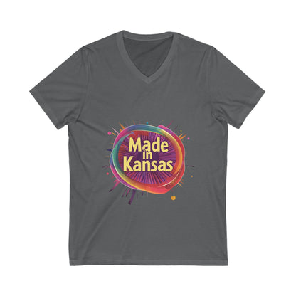 Made in Kansas Pride V-Neck T-Shirt | Retro Rainbow Circle Design | State Pride Tee