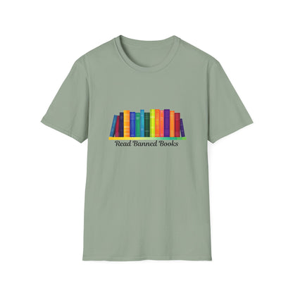 Read Banned Books Rainbow Bookshelf T-Shirt | Literary Activism Tee