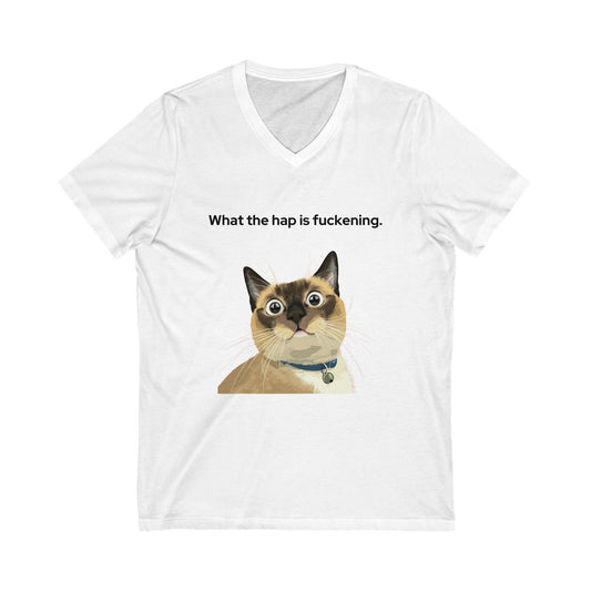 Funny Cat Meme V-Neck T-Shirt | What The Hap Siamese Cat Unisex Tee