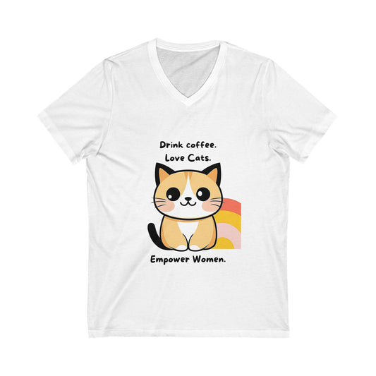 Feminist Cat Coffee V-Neck | Women Empowerment Tee | Kawaii Cat Lover Gift