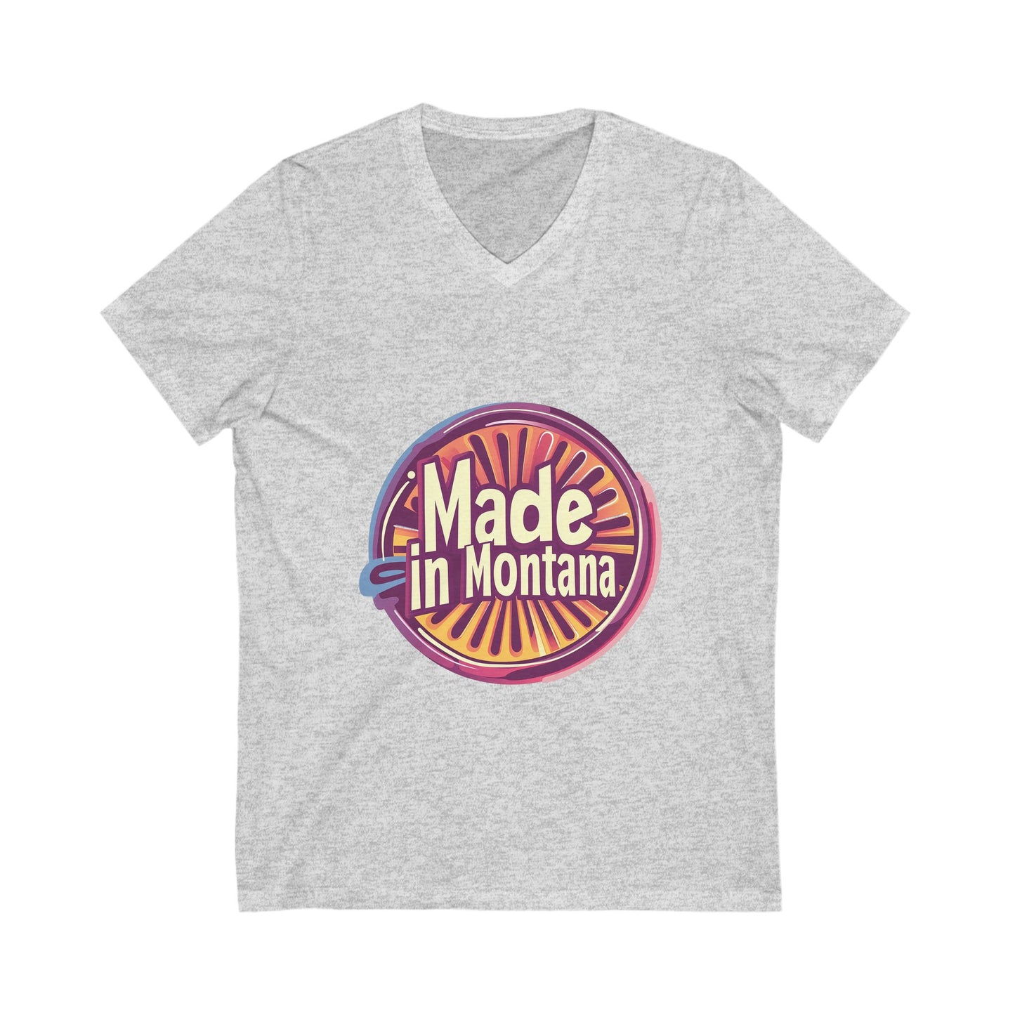 Made in Montana Retro V-Neck T-Shirt | Vintage State Pride Design | Rainbow Sunset Circle Unisex Tee