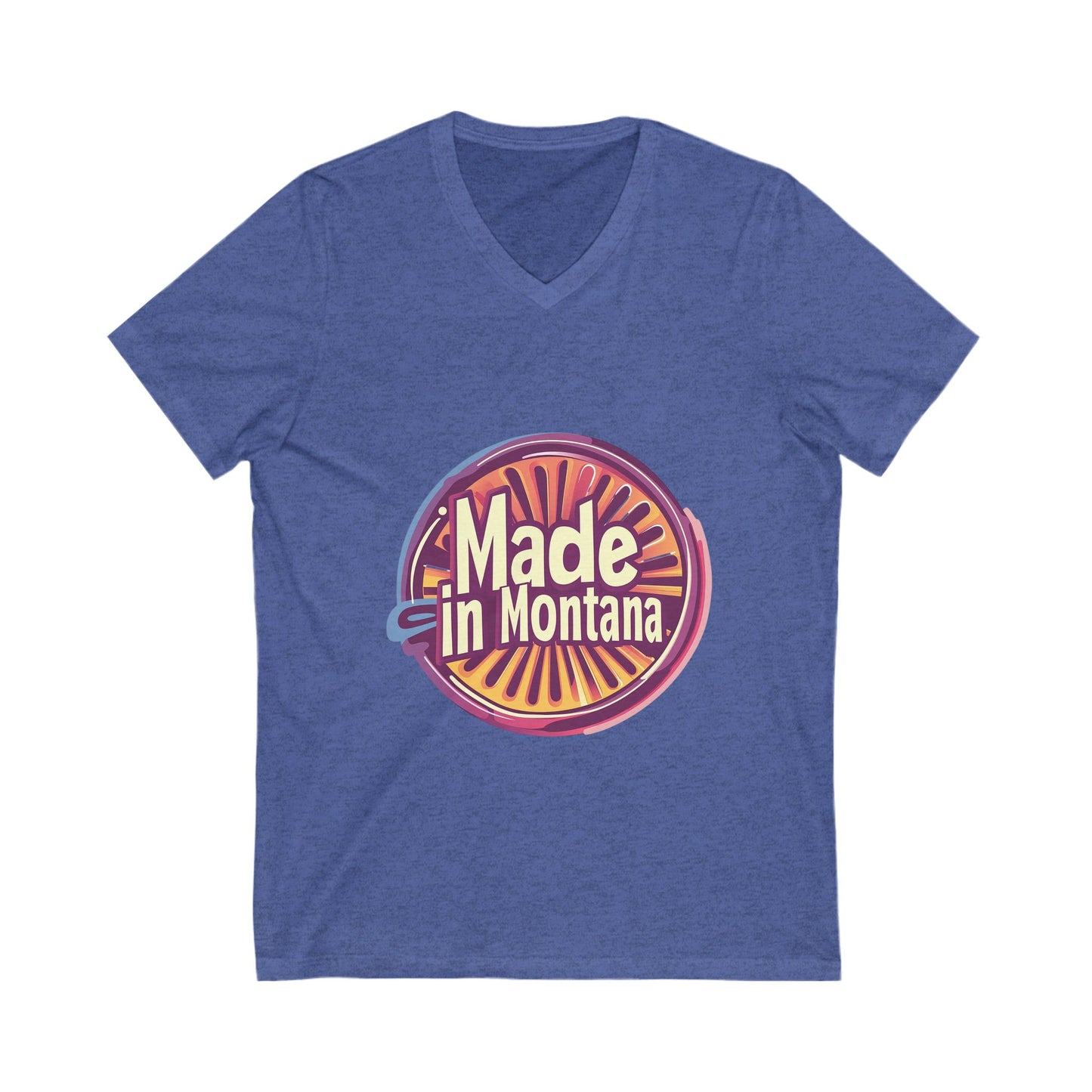 Made in Montana Retro V-Neck T-Shirt | Vintage State Pride Design | Rainbow Sunset Circle Unisex Tee