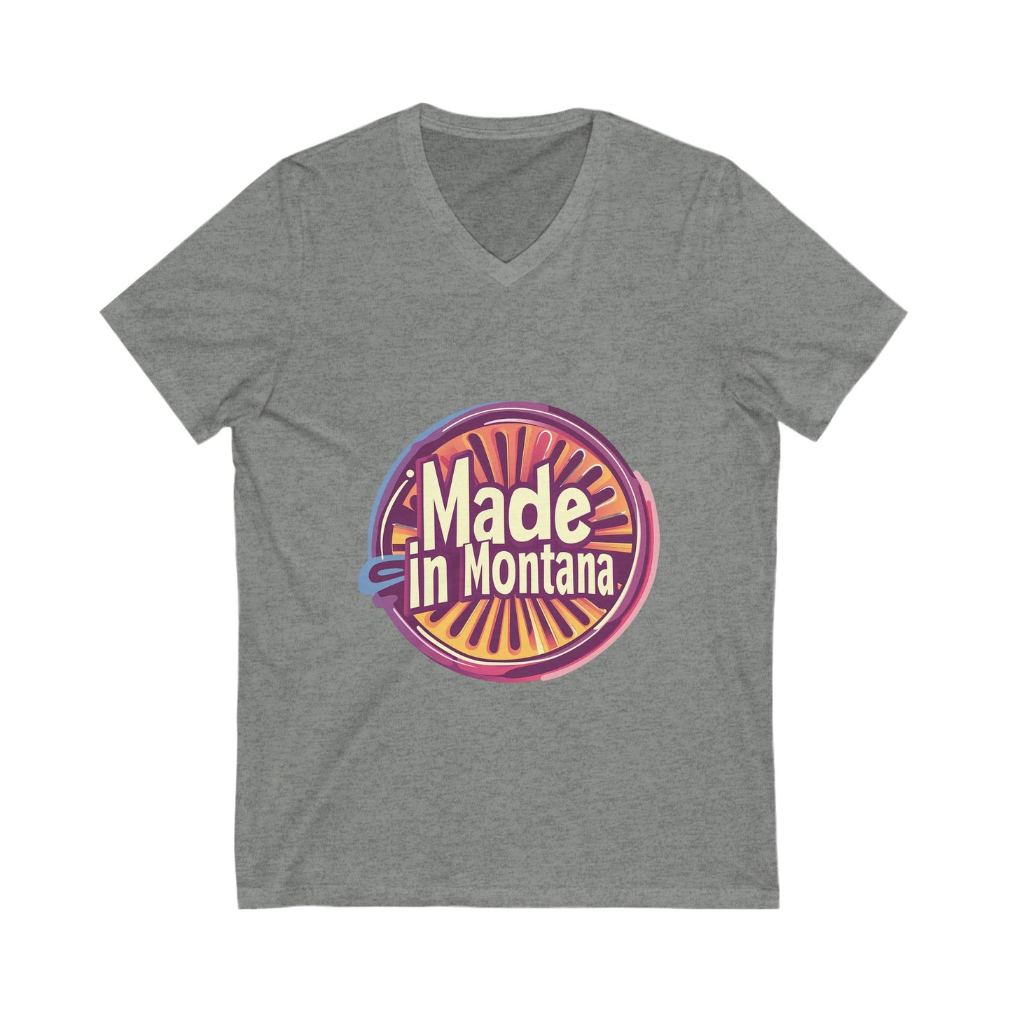 Made in Montana Retro V-Neck T-Shirt | Vintage State Pride Design | Rainbow Sunset Circle Unisex Tee