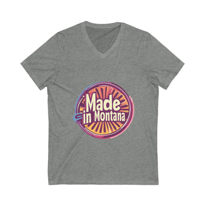 Made in Montana Retro V-Neck T-Shirt | Vintage State Pride Design | Rainbow Sunset Circle Unisex Tee