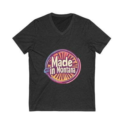 Made in Montana Retro V-Neck T-Shirt | Vintage State Pride Design | Rainbow Sunset Circle Unisex Tee