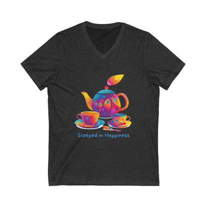 Steeped in Happiness Tea Party V-Neck | Kawaii Rainbow Tea Set Unisex Tee