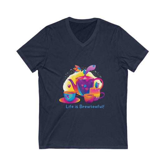 Life is Brewteaful V-Neck Tee | Kawaii Coffee Tea Lover Gift | Colorful Cup Design