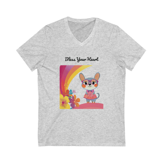 Bless Your Heart Kawaii Bunny V-Neck | Rainbow Floral Design | Cute Animal Tee