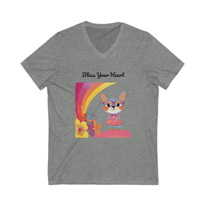 Bless Your Heart Kawaii Bunny V-Neck | Rainbow Floral Design | Cute Animal Tee