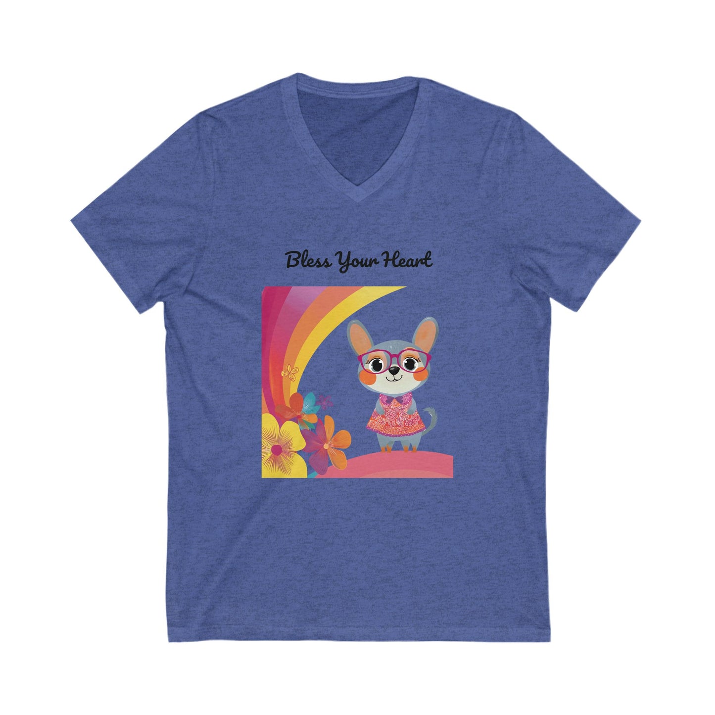 Bless Your Heart Kawaii Bunny V-Neck | Rainbow Floral Design | Cute Animal Tee
