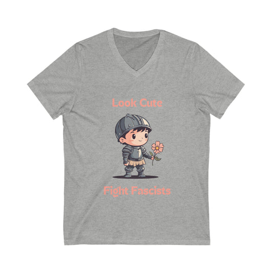 Look Cute Fight Fascists | Kawaii Warrior V-Neck Tee | Bella+Canvas 3005