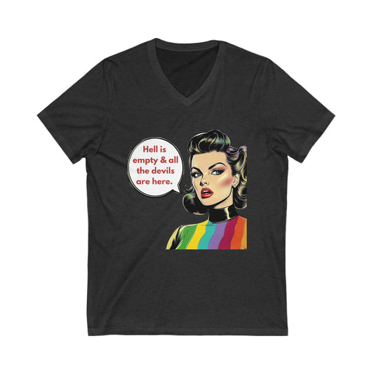 Retro Pride Devil Speech V-Neck Tee | LGBTQ+ Activist Quote T-Shirt