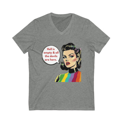 Retro Pride Devil Speech V-Neck Tee | LGBTQ+ Activist Quote T-Shirt