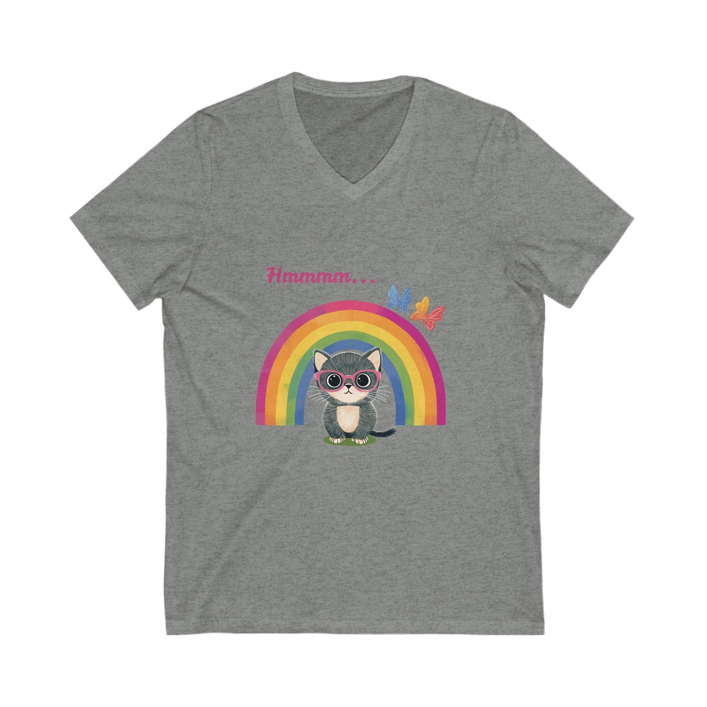 Kawaii Cat Rainbow V-Neck T-Shirt | LGBTQ+ Pride Butterfly Design | Cute Unisex Tee