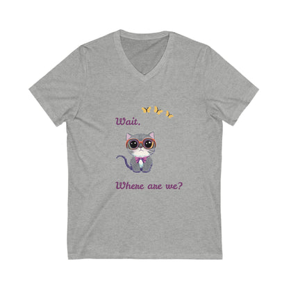 Curious Cat V-Neck T-Shirt | Kawaii Kitten Question Design | Butterfly Pet Tee