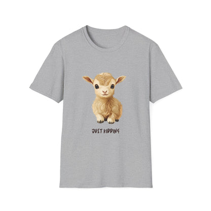 Just Kidding Baby Goat T-Shirt | Cute Farm Animal Pun Tee | Kawaii Goat Design