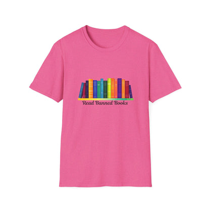 Read Banned Books Rainbow Bookshelf T-Shirt | Literary Activism Tee