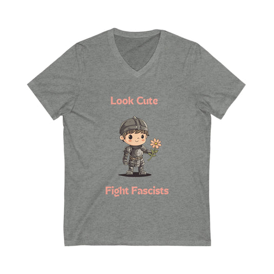 Look Cute Fight Fascists | Kawaii Warrior V-Neck Tee | Bella+Canvas 3005