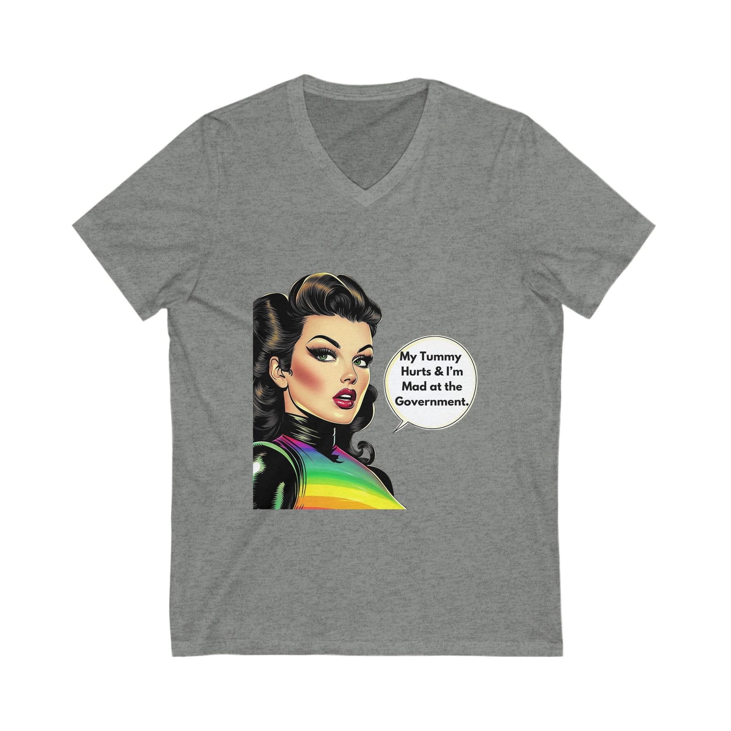 Retro Pin-Up "Mad at Government" V-Neck Tee | Vintage Activist Rainbow T-Shirt