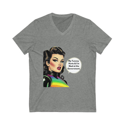 Retro Pin-Up "Mad at Government" V-Neck Tee | Vintage Activist Rainbow T-Shirt