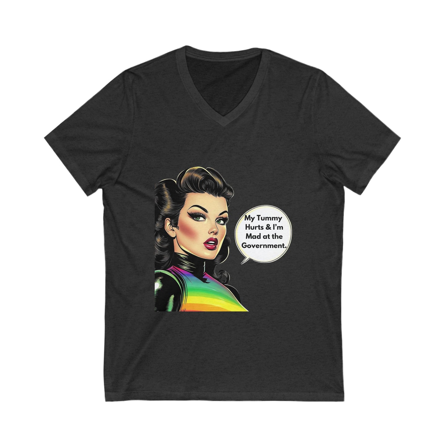 Retro Pin-Up "Mad at Government" V-Neck Tee | Vintage Activist Rainbow T-Shirt