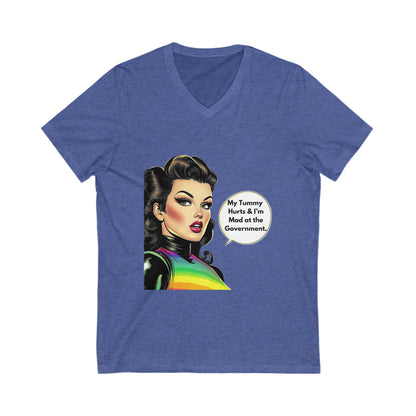 Retro Pin-Up "Mad at Government" V-Neck Tee | Vintage Activist Rainbow T-Shirt