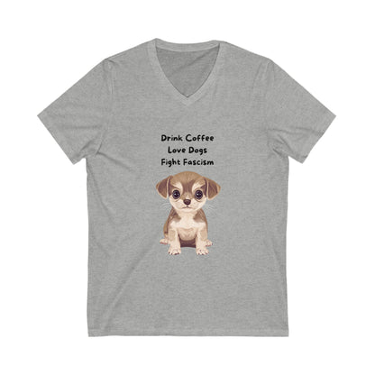 Anti-Fascist Puppy V-Neck T-Shirt | Cute Coffee & Dogs Activism Tee