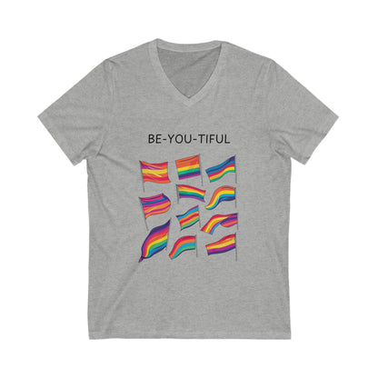 BE-YOU-TIFUL Pride Flag V-Neck T-Shirt | LGBTQ+ Rainbow Design | Inclusive Message Tee