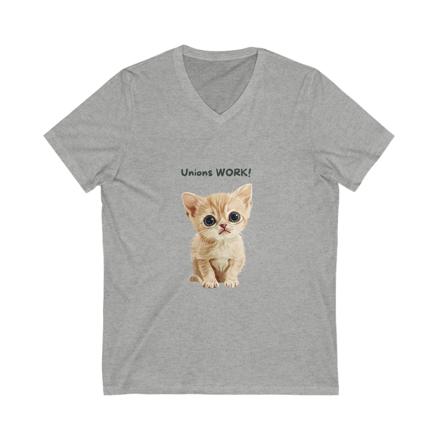 Unions Work Kitten V-Neck T-Shirt | Cute Activist Cat Labor Rights Tee