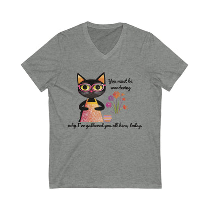 Book Club Cat V-Neck T-Shirt | Literary Pet Humor | Book Lover Gift Unisex Tee