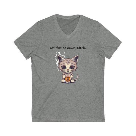 Dawn Rider Cat V-Neck Tee | Coffee Loving Kitten | Funny Cat Shirt