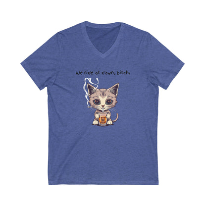 Dawn Rider Cat V-Neck Tee | Coffee Loving Kitten | Funny Cat Shirt