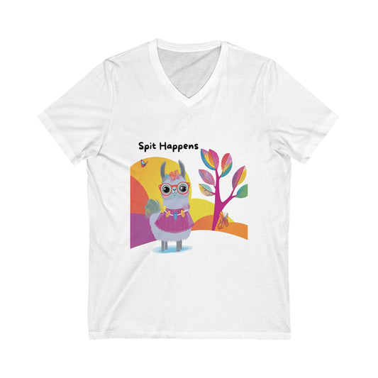 Spit Happens Kawaii Llama V-Neck T-Shirt | Cute Whimsical Animal Unisex Tee