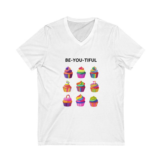 BE-YOU-TIFUL Rainbow Cupcake V-Neck | Kawaii Self-Love Tee | Body Positive Unisex T-Shirt