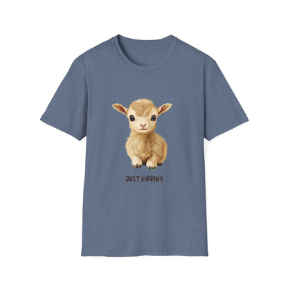 Just Kidding Baby Goat T-Shirt | Cute Farm Animal Pun Tee | Kawaii Goat Design