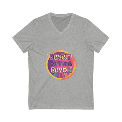 Resist Rethink Revolt V-Neck T-Shirt | Retro Activist Circle Design | Progressive Unisex Tee