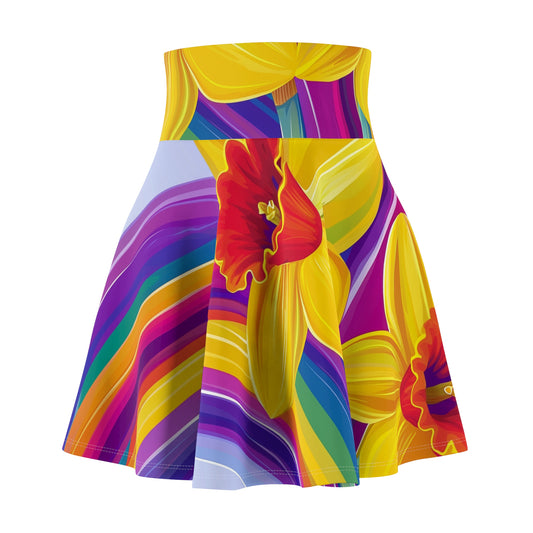 Vibrant Rainbow Daffodil Skater Skirt | LGBTQ+ Pride Floral Design