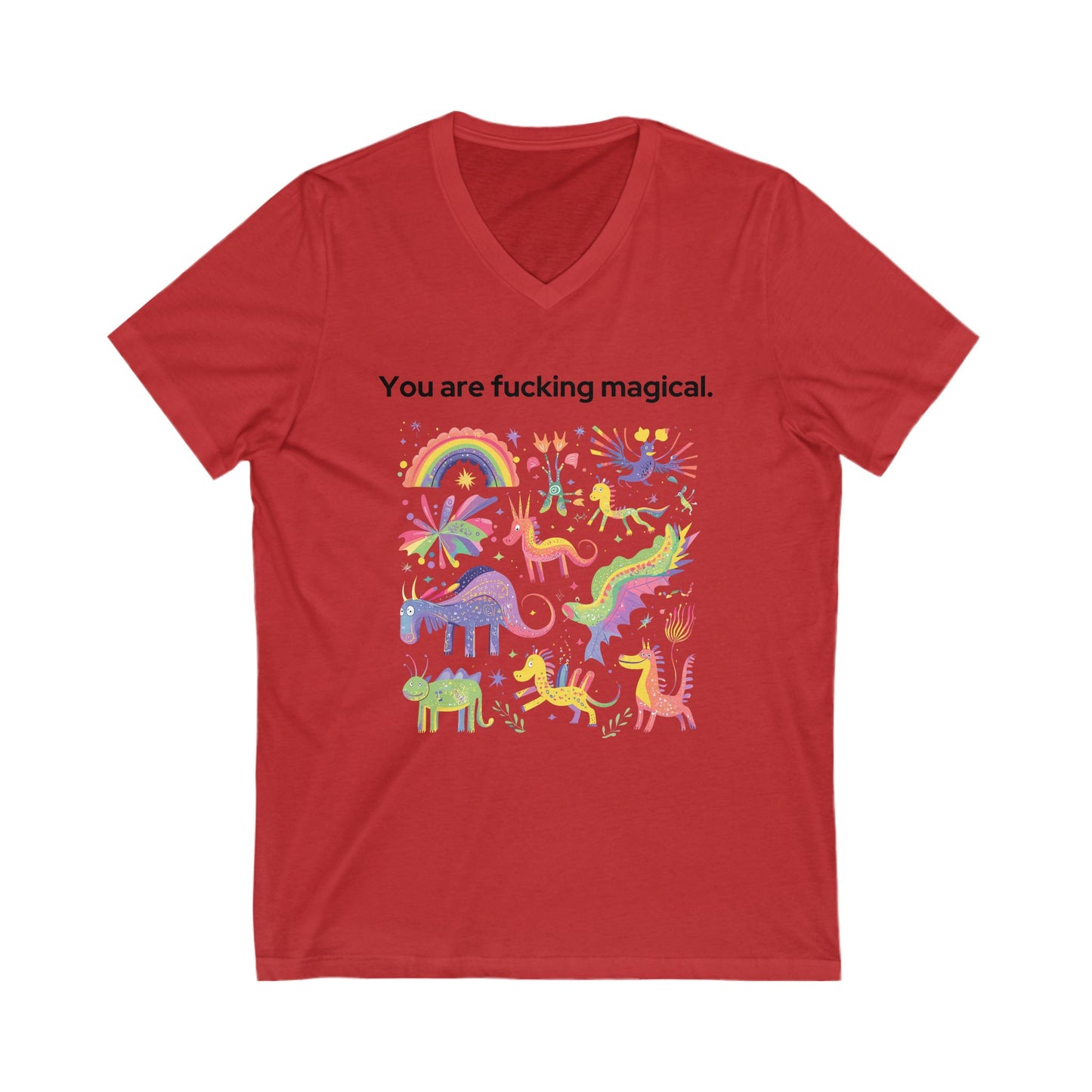 Magical Unicorn V-Neck T-Shirt | Empowering Rainbow Art | Kawaii Fantasy Unisex Tee