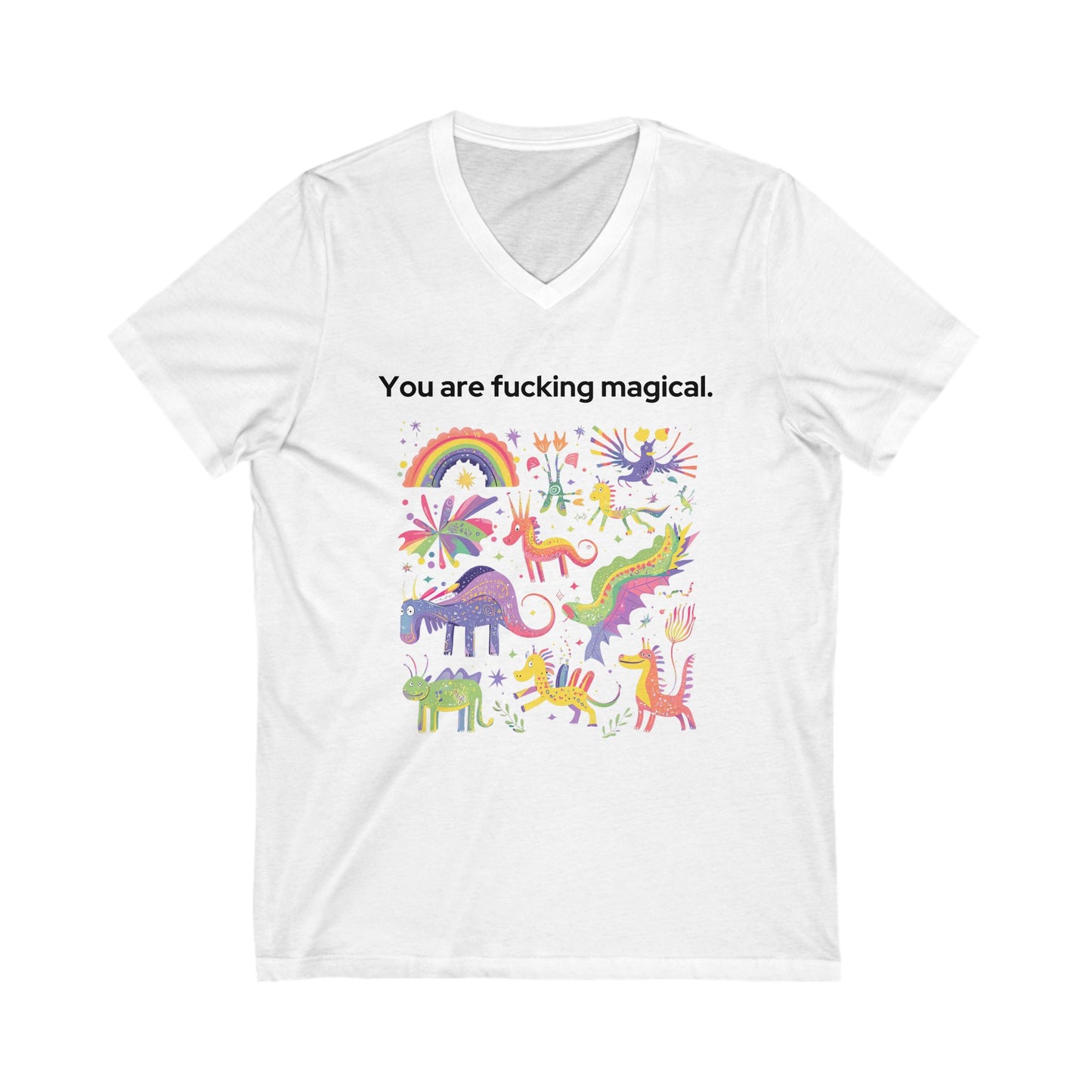 Magical Unicorn V-Neck T-Shirt | Empowering Rainbow Art | Kawaii Fantasy Unisex Tee