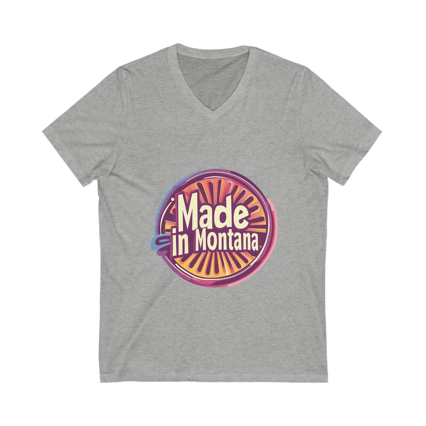 Made in Montana Retro V-Neck T-Shirt | Vintage State Pride Design | Rainbow Sunset Circle Unisex Tee