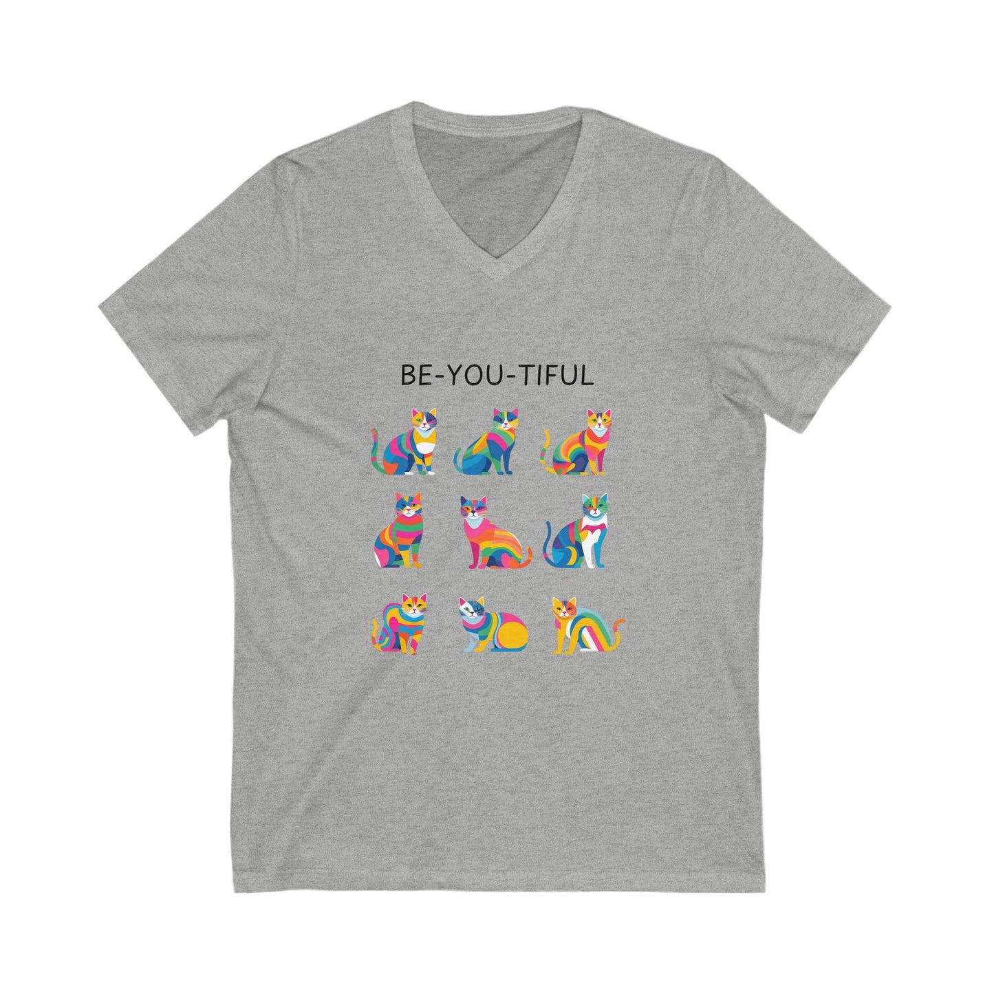 Be-You-Tiful Rainbow Cat V-Neck T-Shirt | LGBTQ+ Pride Pet Lover Gift | Geometric Animal Art Unisex Tee