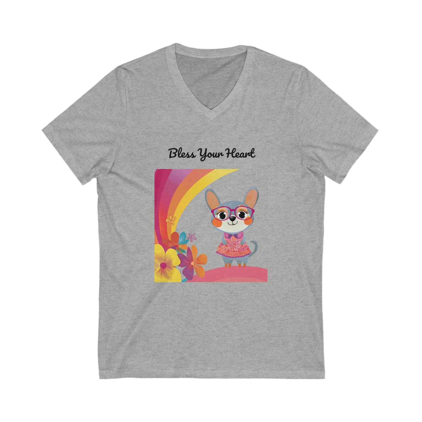 Bless Your Heart Kawaii Bunny V-Neck | Rainbow Floral Design | Cute Animal Tee