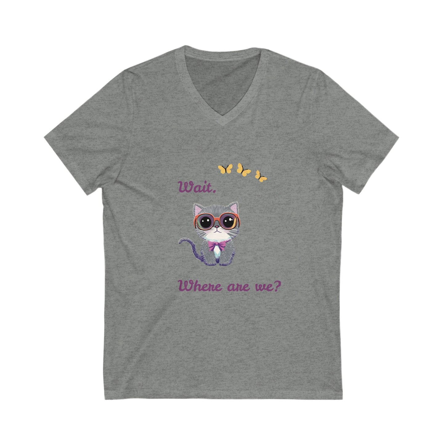 Curious Cat V-Neck T-Shirt | Kawaii Kitten Question Design | Butterfly Pet Tee