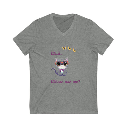 Curious Cat V-Neck T-Shirt | Kawaii Kitten Question Design | Butterfly Pet Tee