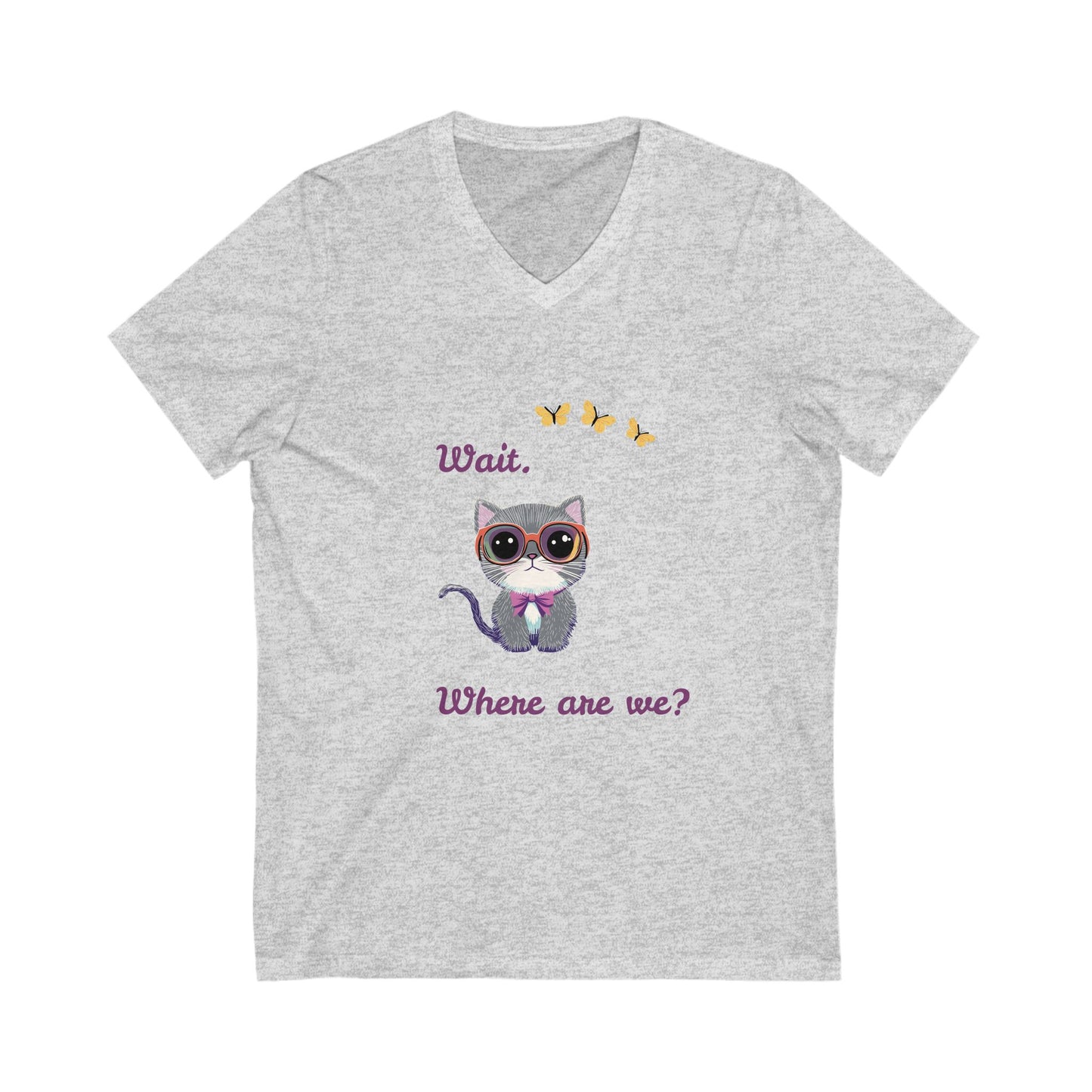 Curious Cat V-Neck T-Shirt | Kawaii Kitten Question Design | Butterfly Pet Tee